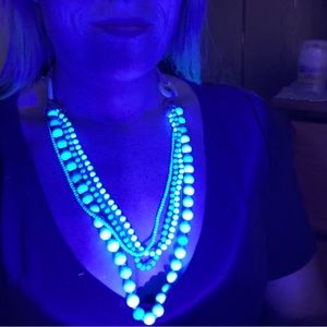 Pressed Turquoise 4 stranded Beaded Necklace with leather & wood Accents 24”